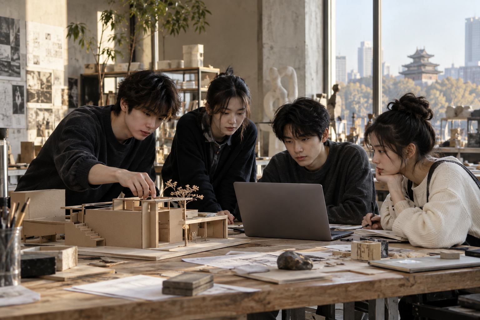 年轻人在工作室围绕电脑和实体模型展开讨论,概念场景